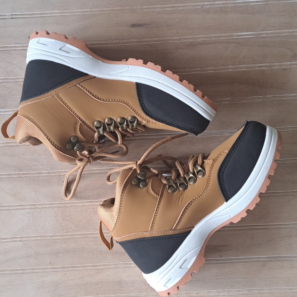 NWT Beverly Hills Polo Club Youth Causal Brown Blk Leather Lace-Up Hiking Boots - Picture 5 of 13